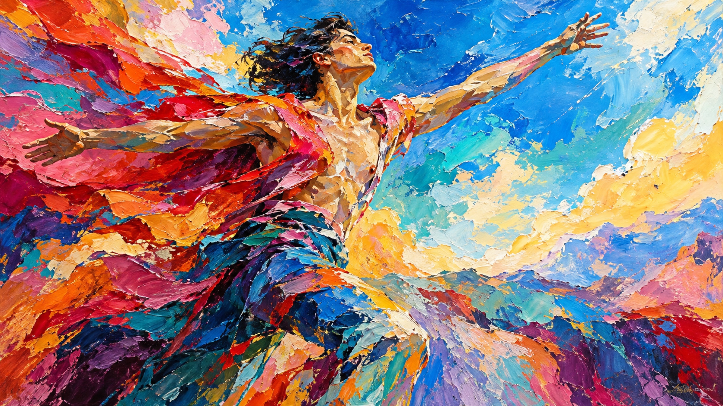 Pintura al óleo de una figura que extiende los brazos hacia un cielo abierto