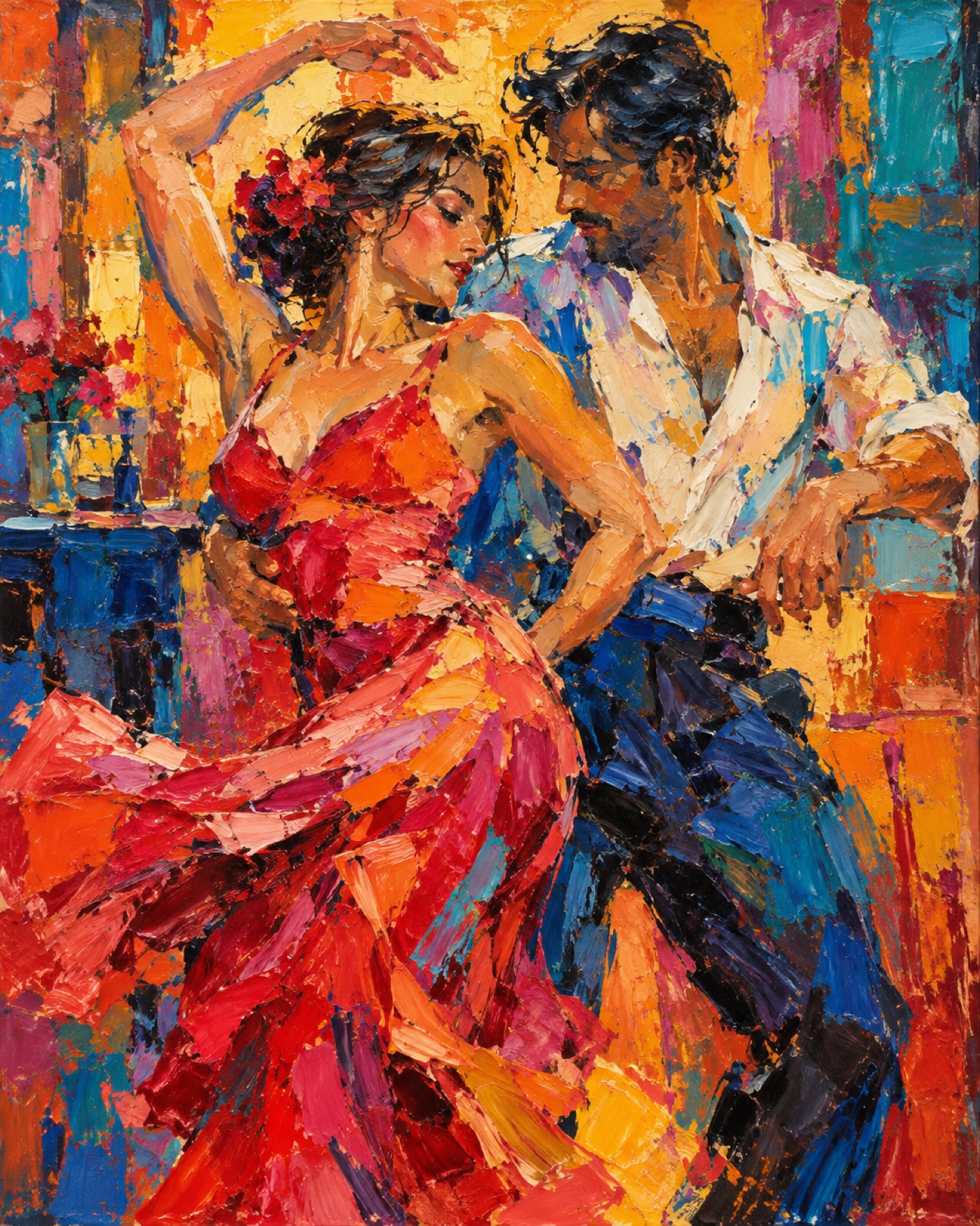 Óleo colorido de dos figuras bailando