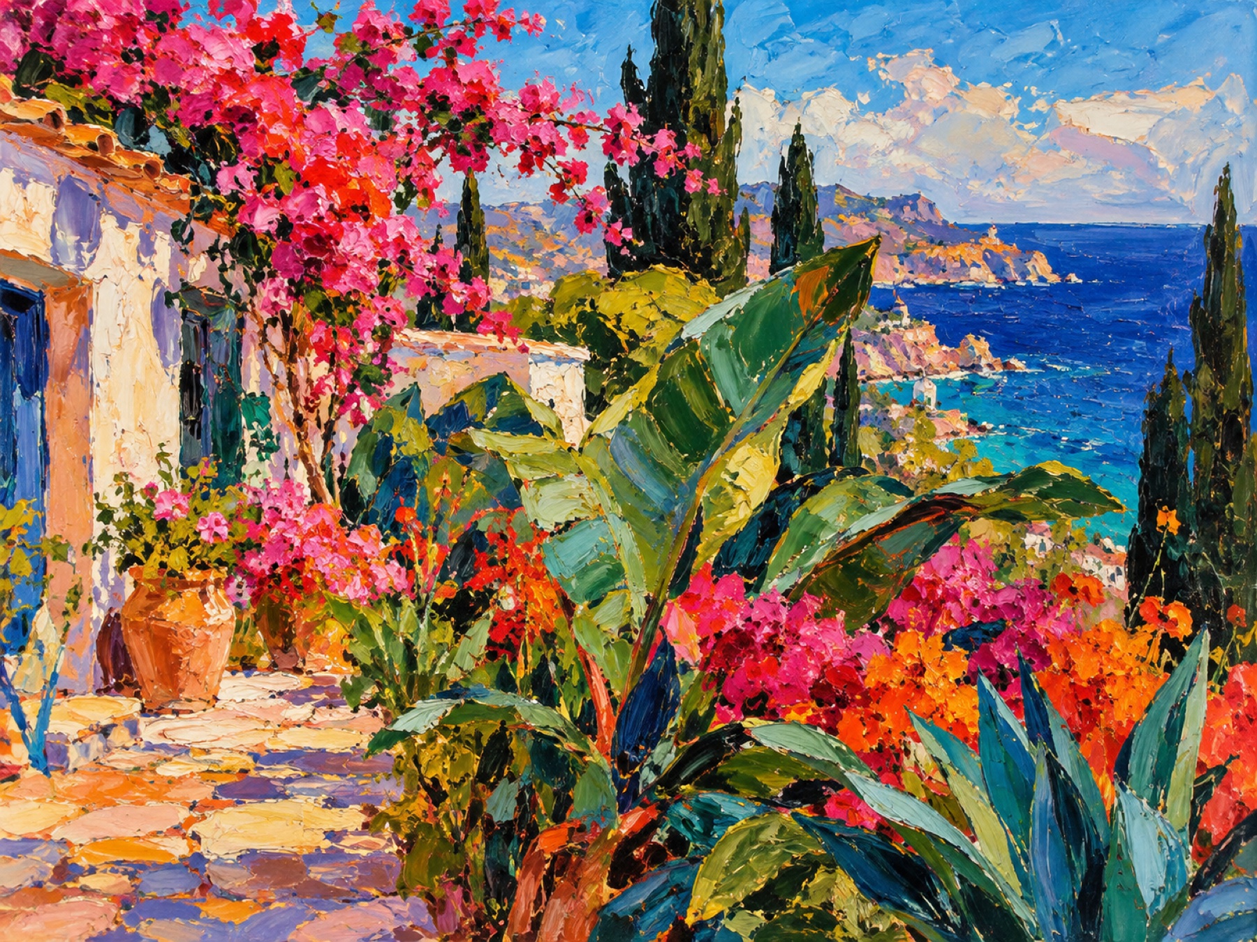 Óleo de un jardín mediterráneo junto al mar