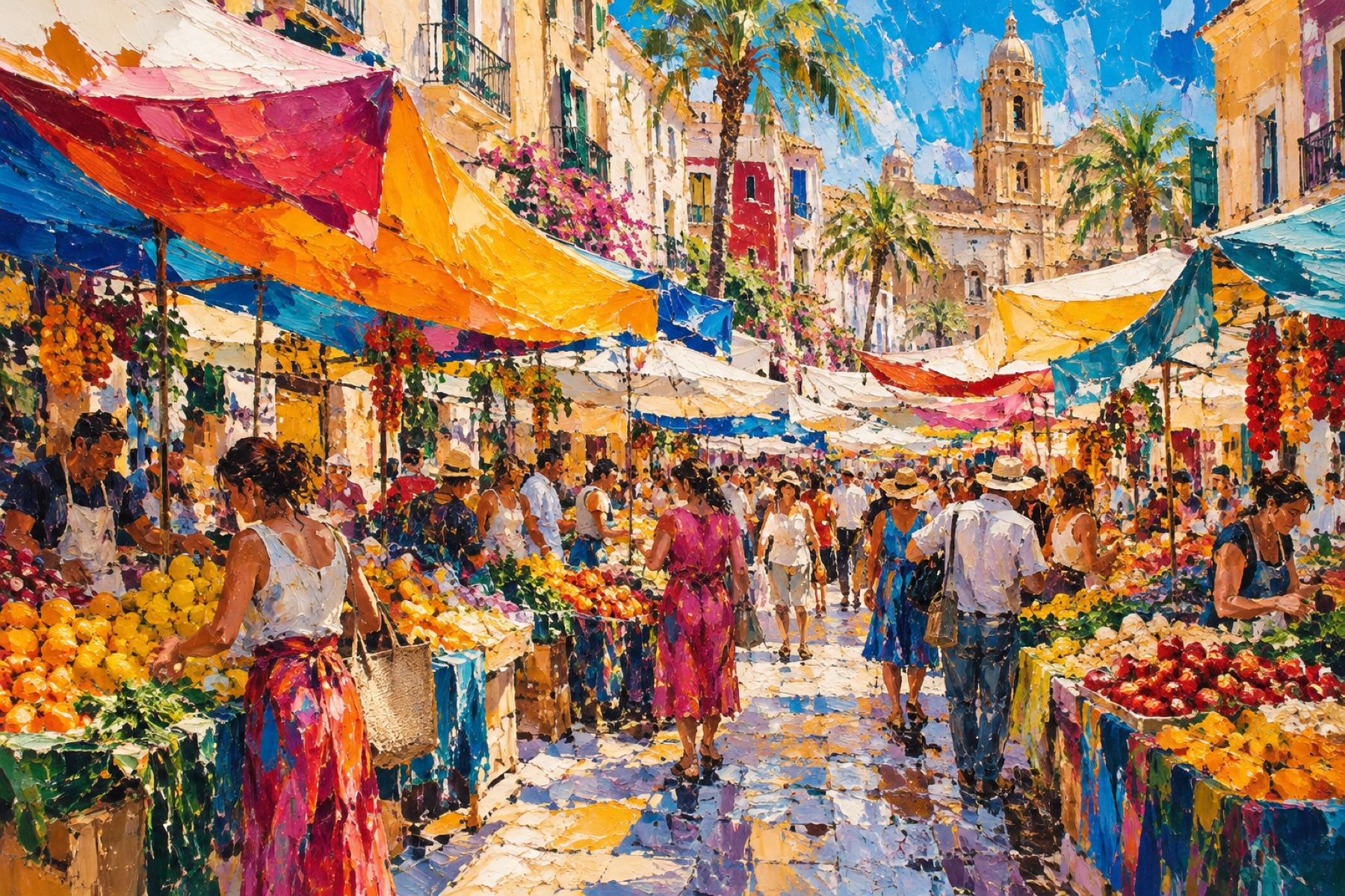 Óleo de un mercado lleno de color y movimiento